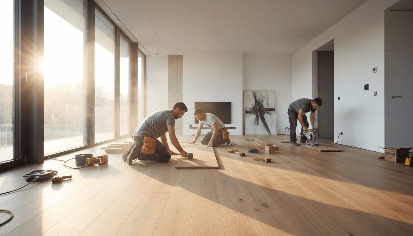 Professional flooring installer laying hardwood floor in bright residential space